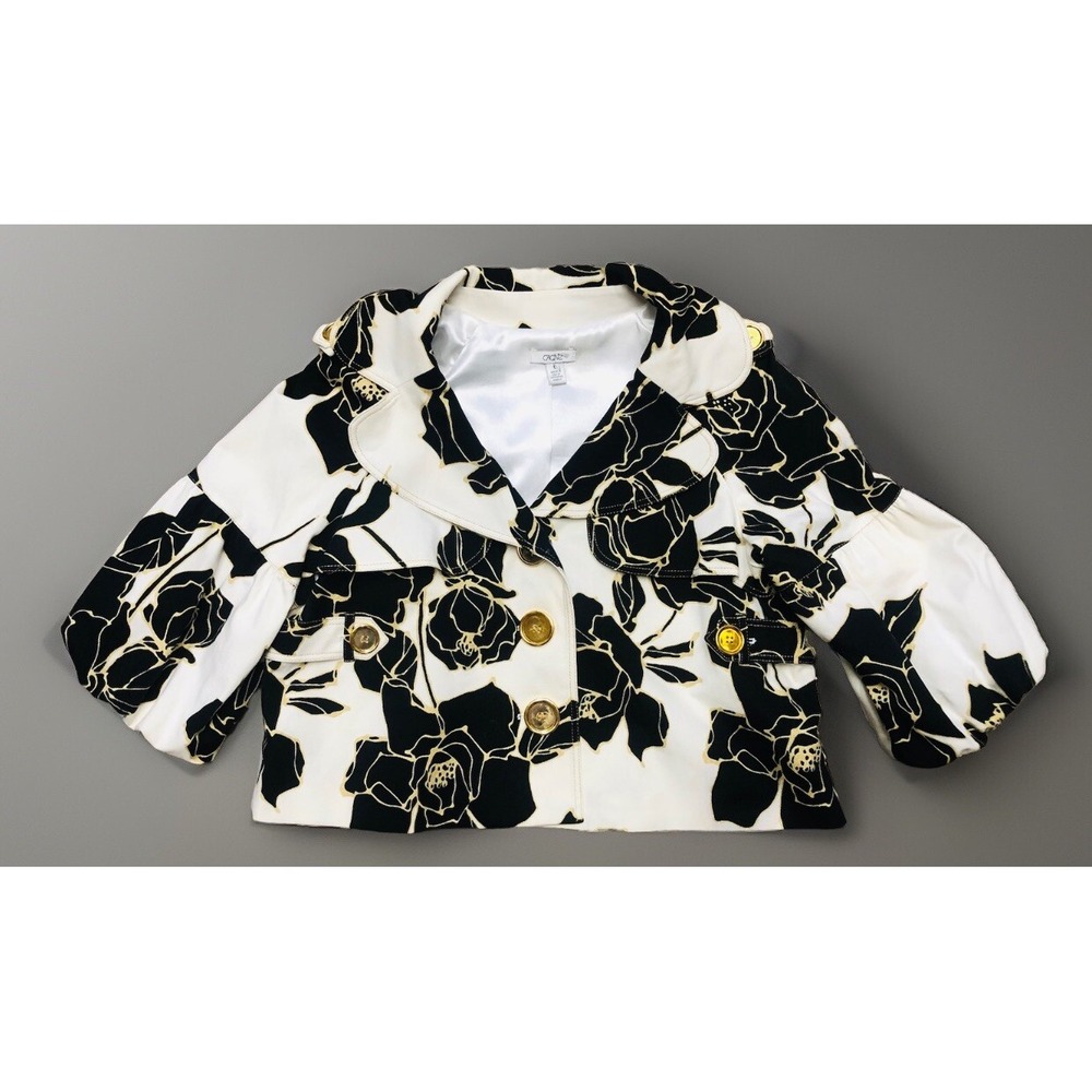 Vintage Cache Jacket Women's L White‎ Black Floral Gold 3/4 Bell Sleeve Cropped